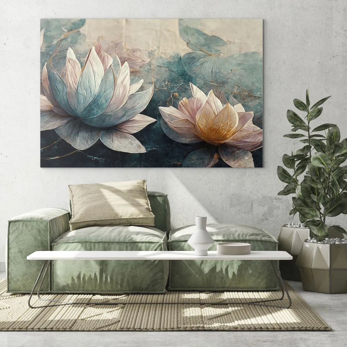 Quadro su vetro - Rappresentazione artistica di fiori di loto su uno sfondo di foglie acquatiche. - 70x50cm - Le stelle del lago - Decorazione murale moderna per soggiorno e camera da letto ARTTOR