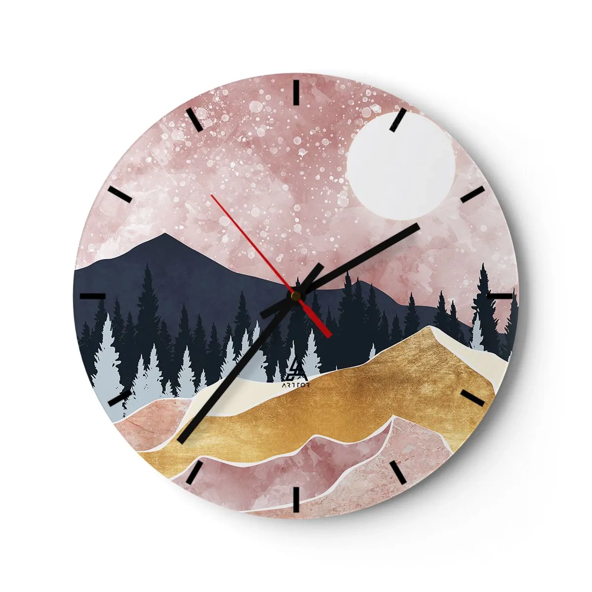 Orologio da parete - Orologio in Vetro - Paesaggio montano artistico dai colori pastello con una foresta e la luna. - 30x30cm - Guardiano notturno - Decorazione murale moderna per soggiorno, cucina e camera da letto ARTTOR