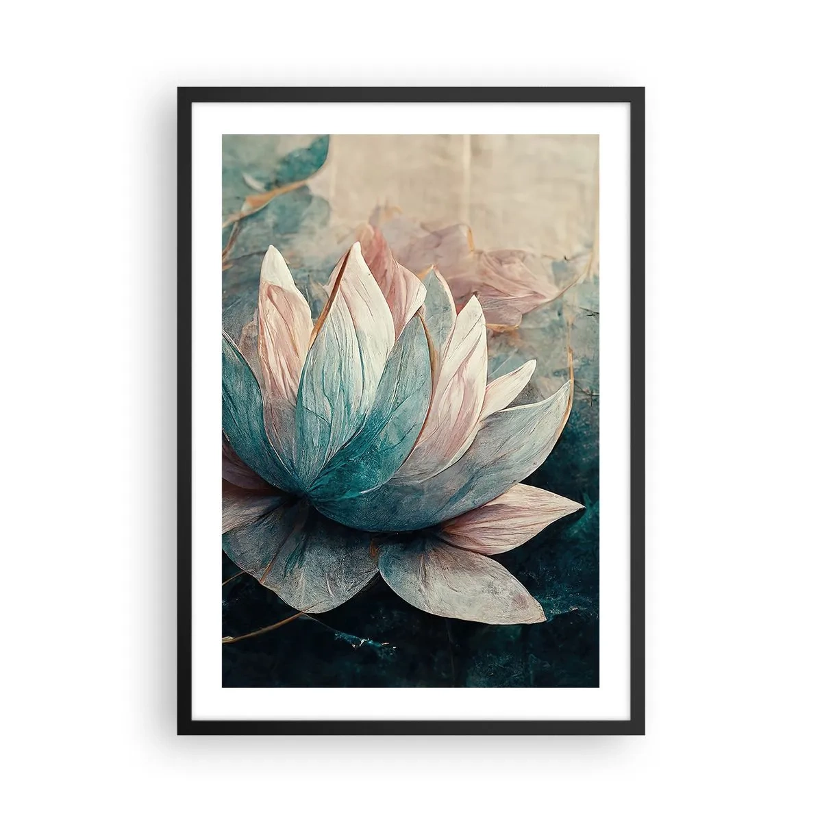 Poster in cornice nera - Un delicato fiore di loto dall'aura mistica - 50x70cm - Le stelle del lago - Decorazione murale moderna per soggiorno e camera da letto ARTTOR