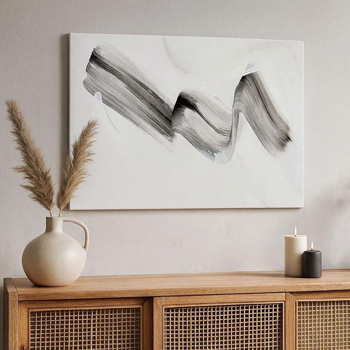 Quadro su tela - Stampe su Tela - Pennellata astratta in bianco e nero su sfondo chiaro - 70x50cm - Casualmente per divertimento - Decorazione murale moderna per soggiorno e camera da letto ARTTOR