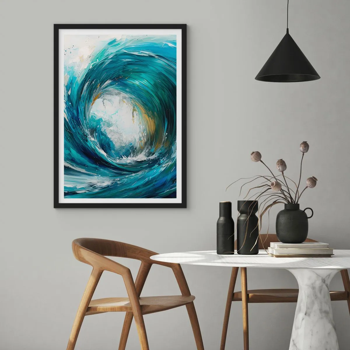 Poster in cornice nera - Onda astratta nei toni del turchese, blu e bianco - 50x70cm - Portale marino - Decorazione murale moderna per soggiorno e camera da letto ARTTOR
