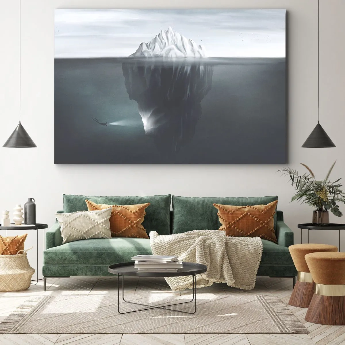 Quadro su tela - Stampe su Tela - Un iceberg in acqua con un sub e un riflettore sotto la superficie. - 70x50cm - Mistero sottomarino - Decorazione murale moderna per soggiorno e camera da letto ARTTOR