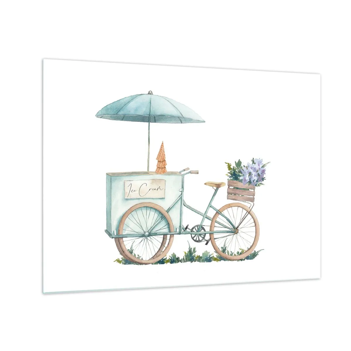 Quadro su vetro - Una bicicletta con gelato e fiori pastello - 70x50cm - Dolce ricordo d'estate - Decorazione murale moderna per soggiorno e camera da letto ARTTOR