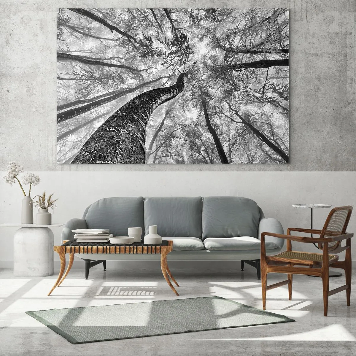 Quadro su vetro - Alberi in bianco e nero fotografati dal basso verso il cielo - 70x50cm - La corsa verso la luce - Decorazione murale moderna per soggiorno e camera da letto ARTTOR