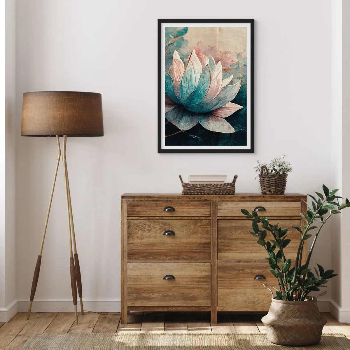 Poster in cornice nera - Un delicato fiore di loto dall'aura mistica - 50x70cm - Le stelle del lago - Decorazione murale moderna per soggiorno e camera da letto ARTTOR
