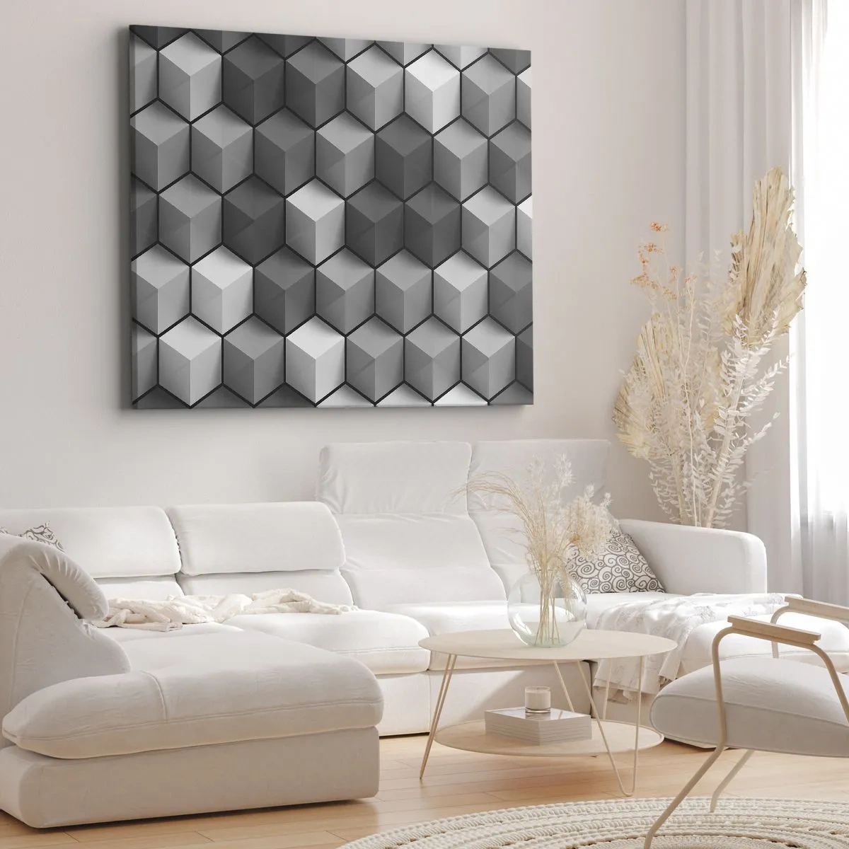 Quadro su tela - Stampe su Tela - Composizione geometrica di cubi nelle tonalità del grigio e del nero - 70x50cm - Puzzle cubista - Decorazione murale moderna per soggiorno e camera da letto ARTTOR