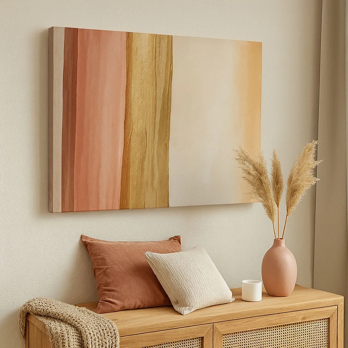 Quadro su tela - Stampe su Tela - Strisce astratte nei toni del beige, oro e rosa su tela - 70x50cm - Composizione verticale - Decorazione murale moderna per soggiorno e camera da letto ARTTOR