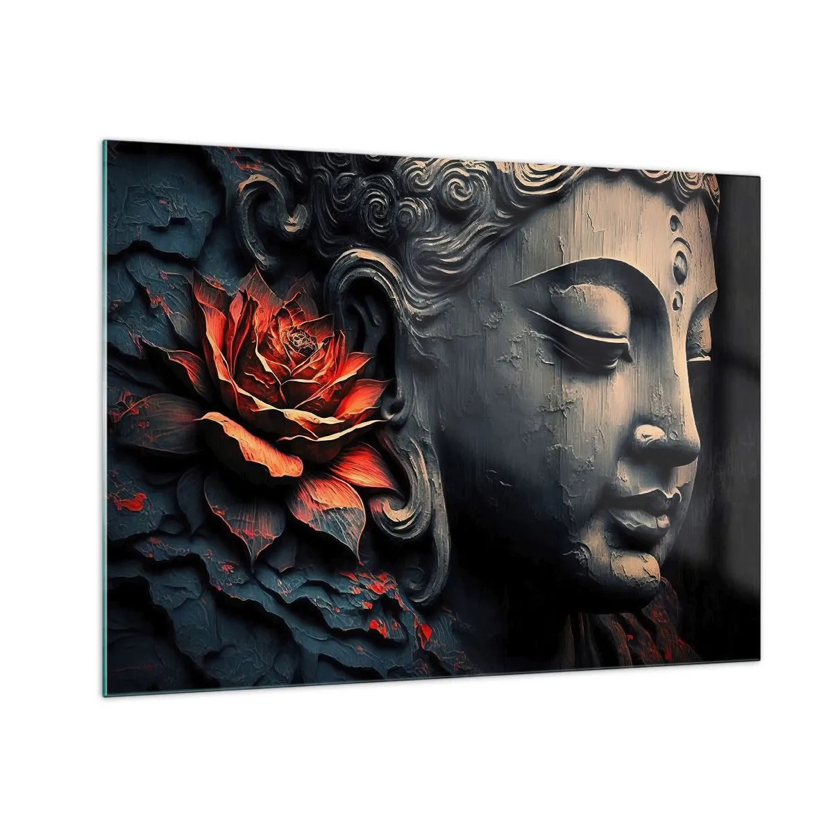 Quadro su vetro - Profilo di una figura in meditazione con un fiore rosso su uno sfondo scuro. - 70x50cm - In armonia con il mondo - Decorazione murale moderna per soggiorno e camera da letto ARTTOR