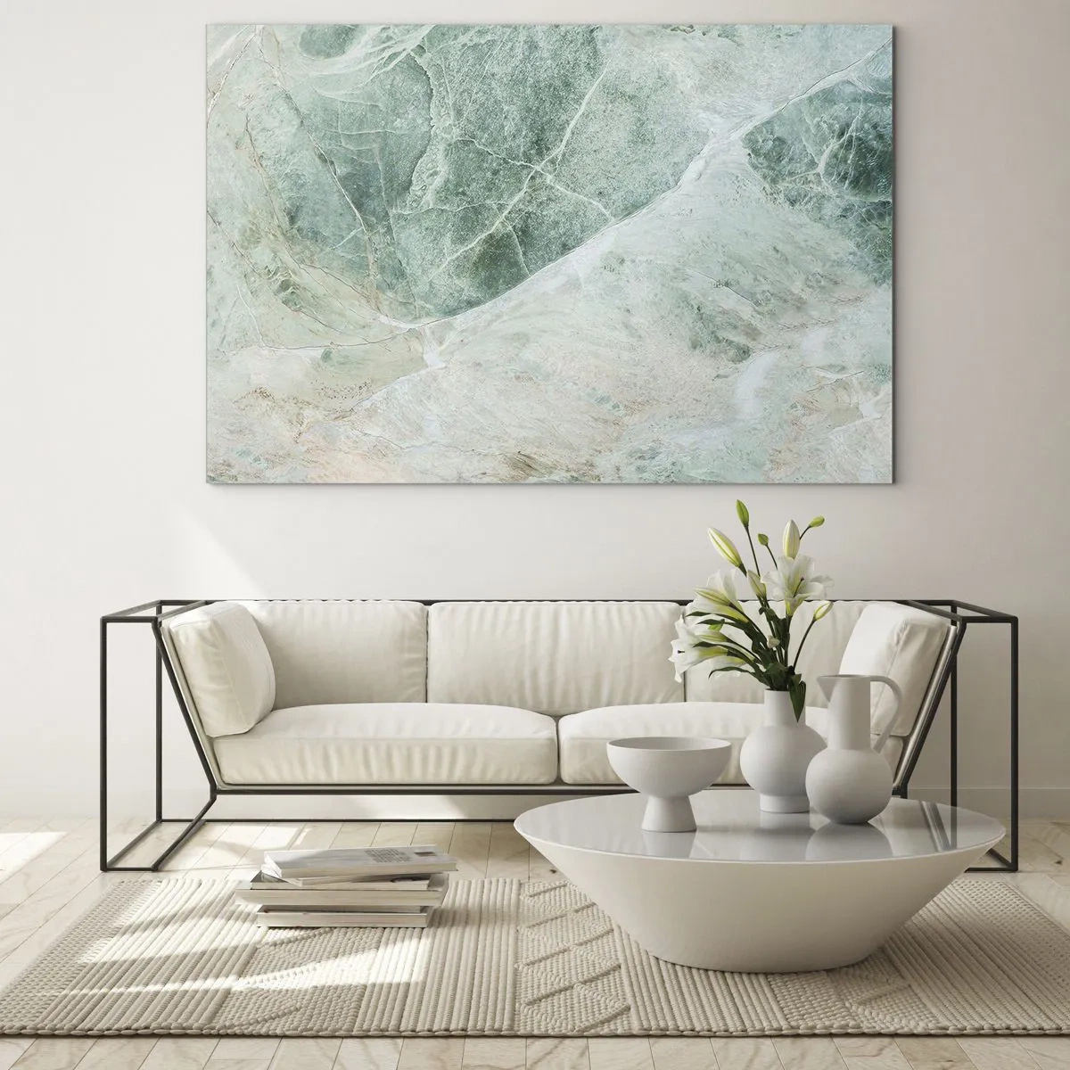 Quadro su vetro - Texture verde-beige che ricorda la pietra naturale - 70x50cm - Il freddo nobile della pietra - Decorazione murale moderna per soggiorno e camera da letto ARTTOR
