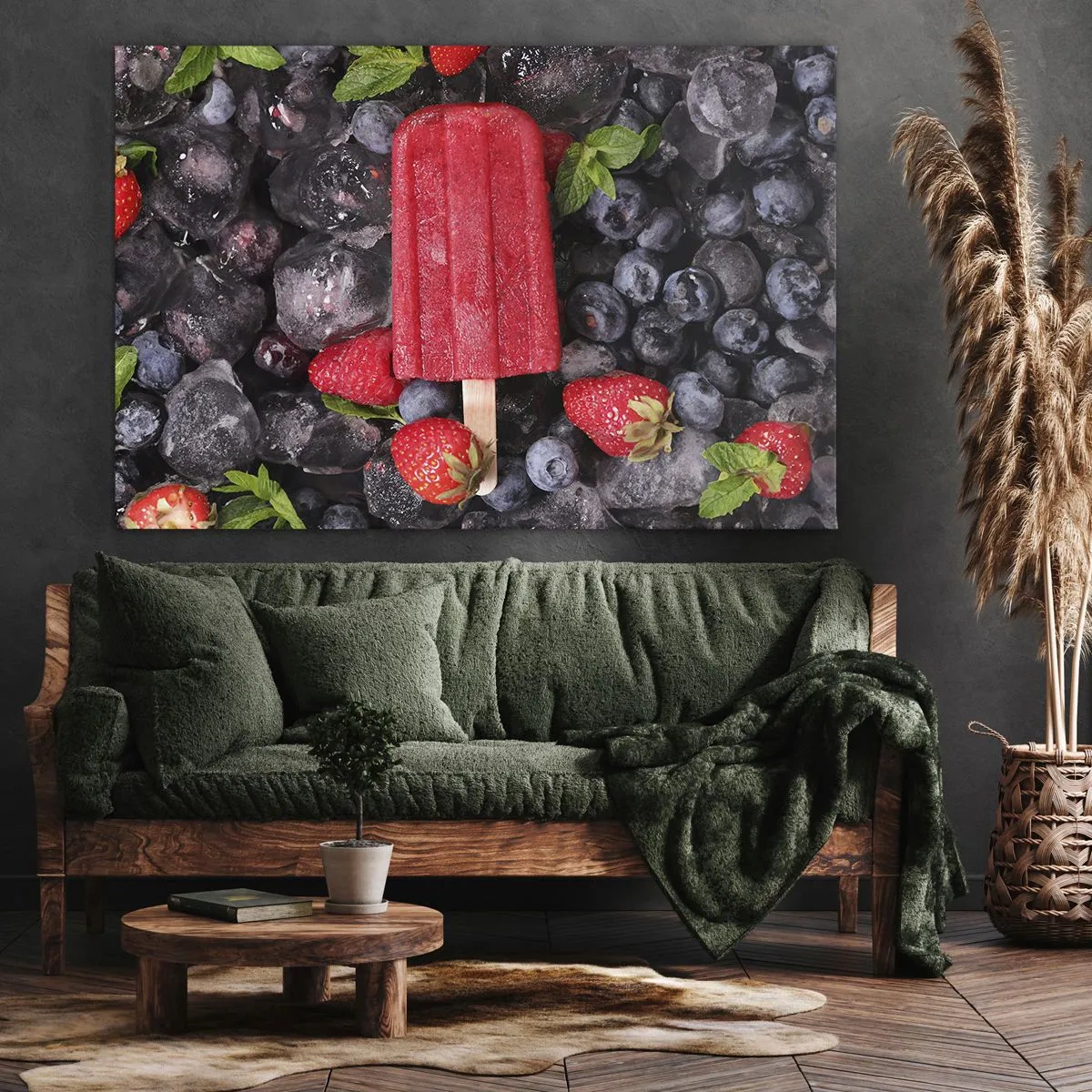 Quadro su tela - Stampe su Tela - Ghiacciolo rosso circondato da frutta e ghiaccio - 70x50cm - Il sapore della calda estate - Decorazione murale moderna per soggiorno e camera da letto ARTTOR