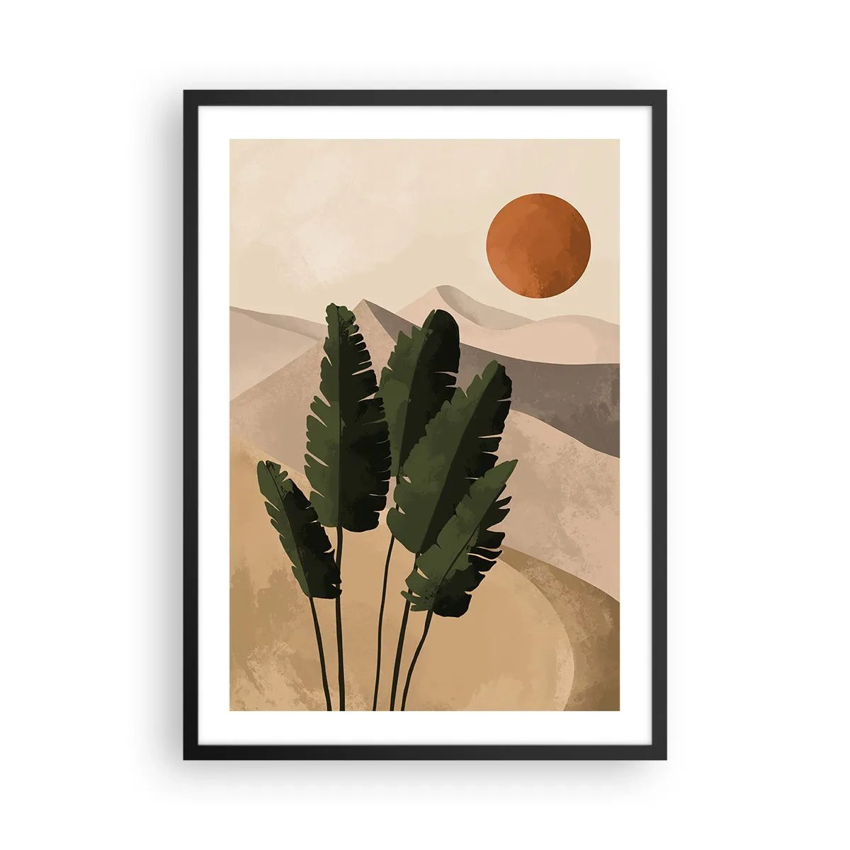 Poster in cornice nera - Piante in un ambiente desertico con il sole che tramonta, paesaggio astratto - 50x70cm - Il trionfo della vita - Decorazione murale moderna per soggiorno e camera da letto ARTTOR
