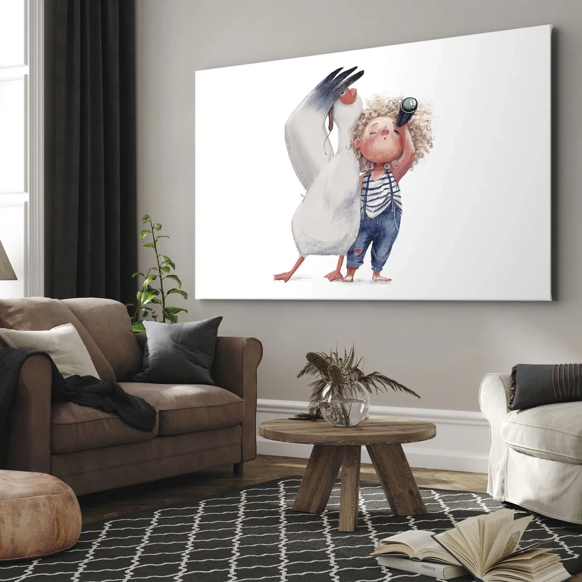 Quadro su tela - Stampe su Tela - Illustrazione di un bambino con un pellicano e un telescopio in mano - 70x50cm - Il progetto di un grande viaggio - Decorazione murale moderna per soggiorno e camera da letto ARTTOR