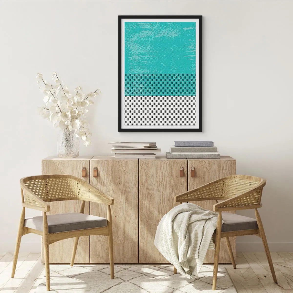 Poster in cornice nera - Motivo geometrico con elementi turchesi e bianchi in stile minimalista - 50x70cm - Composizione equilibrata - Decorazione murale moderna per soggiorno e camera da letto ARTTOR