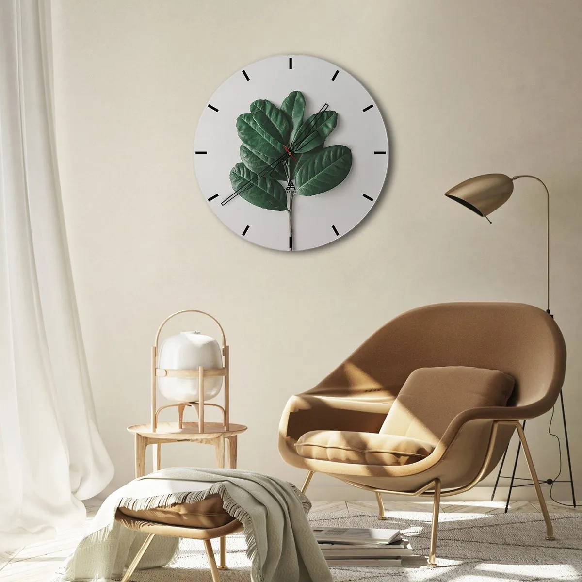 Orologio da parete - Orologio in Vetro - Un ramo verde con grandi foglie su uno sfondo chiaro - 30x30cm - Il disegno della natura stessa - Decorazione murale moderna per soggiorno, cucina e camera da letto ARTTOR