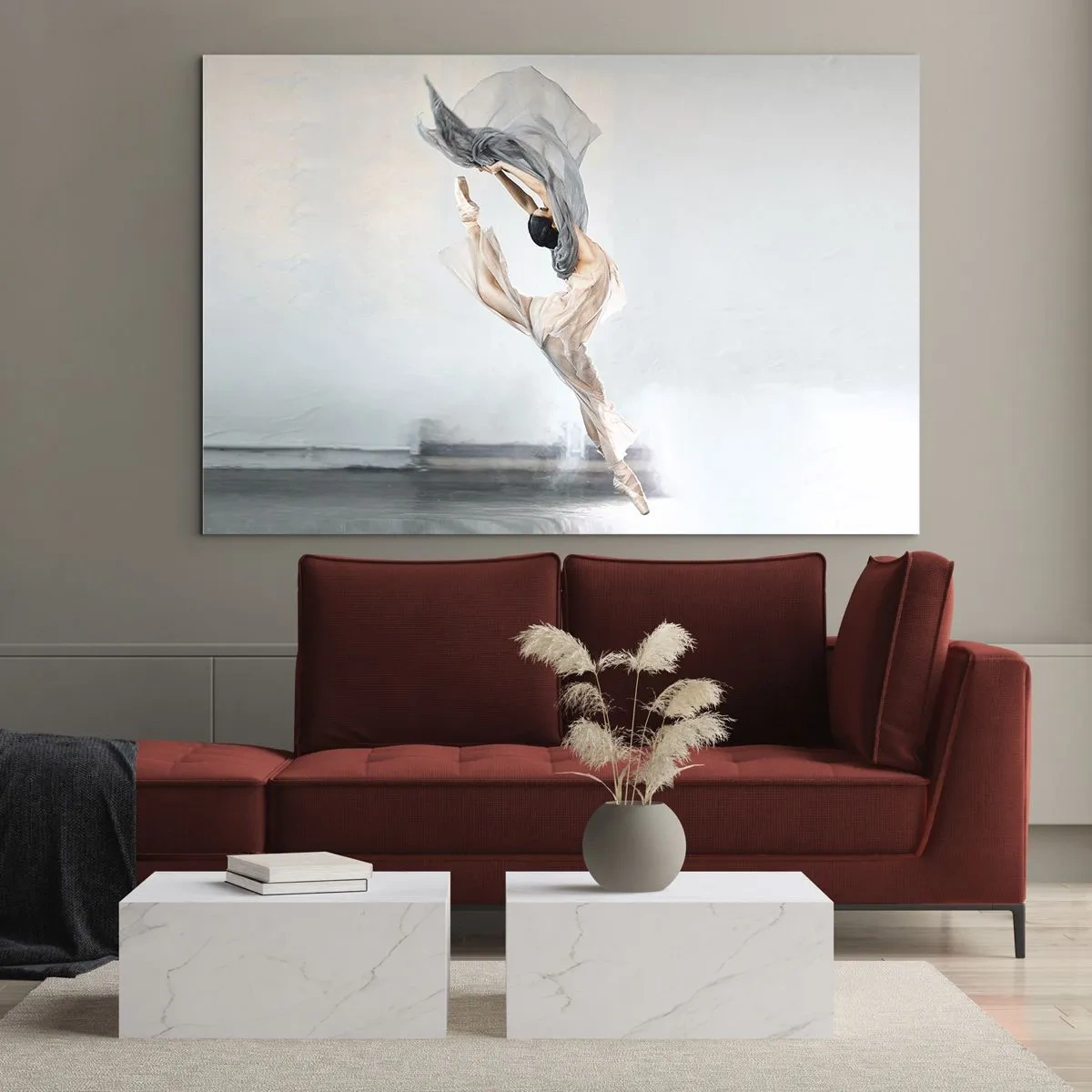 Quadro su vetro - Una ballerina esegue un salto dinamico in una luce soffusa. - 70x50cm - Nell'estasi della danza - Decorazione murale moderna per soggiorno e camera da letto ARTTOR