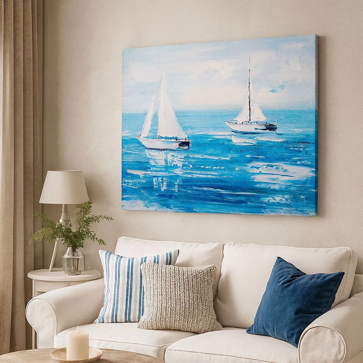 Quadro su tela - Stampe su Tela - Yacht sul mare blu in stile artistico - 70x50cm - Con un amico al fianco - Decorazione murale moderna per soggiorno e camera da letto ARTTOR