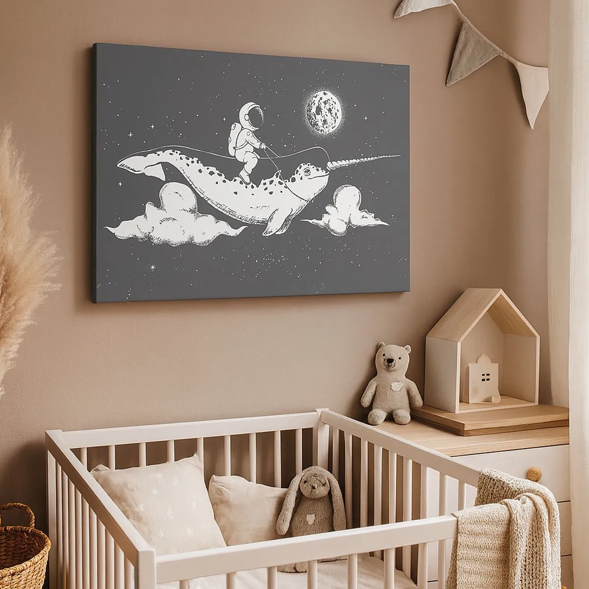 Quadro su tela - Stampe su Tela - Un astronauta sul dorso di un narvalo che fluttua in una scena spaziale. - 70x50cm - Il cavaliere dello spazio - Decorazione murale moderna per soggiorno e camera da letto ARTTOR