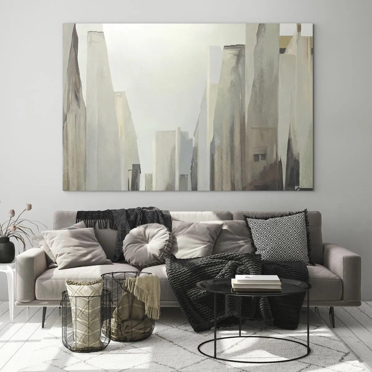 Quadro su vetro - Una visione astratta di edifici urbani in una tavolozza tenue - 70x50cm - Sogno sulla città - Decorazione murale moderna per soggiorno e camera da letto ARTTOR