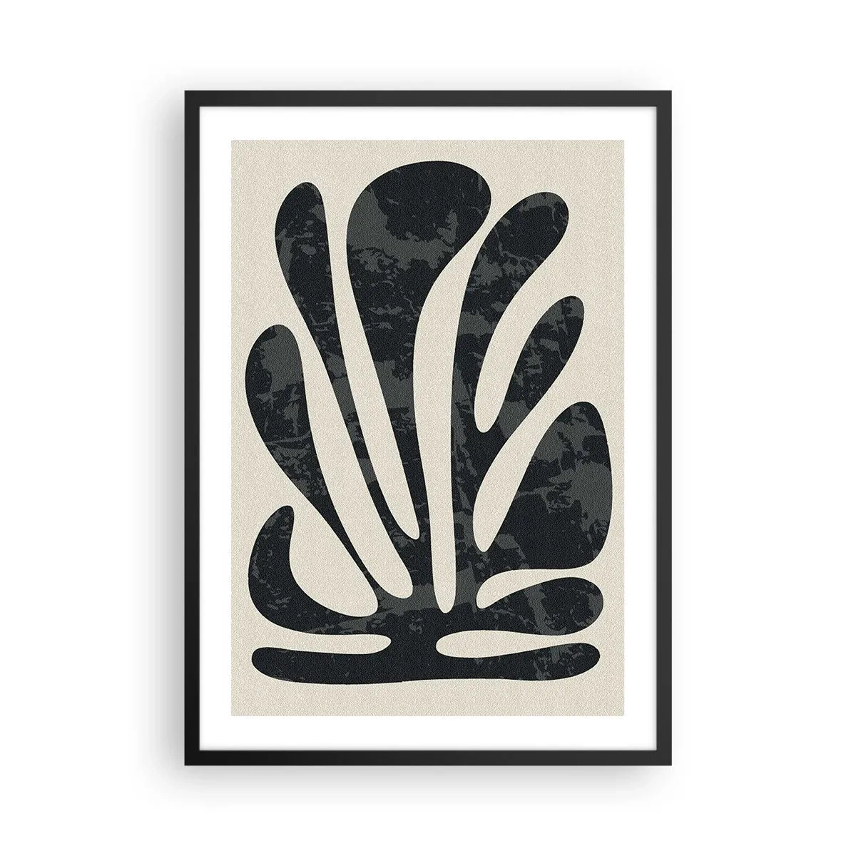 Poster in cornice nera - Forma vegetale astratta nera su sfondo beige - 50x70cm - Astrazione polidattila - Decorazione murale moderna per soggiorno e camera da letto ARTTOR