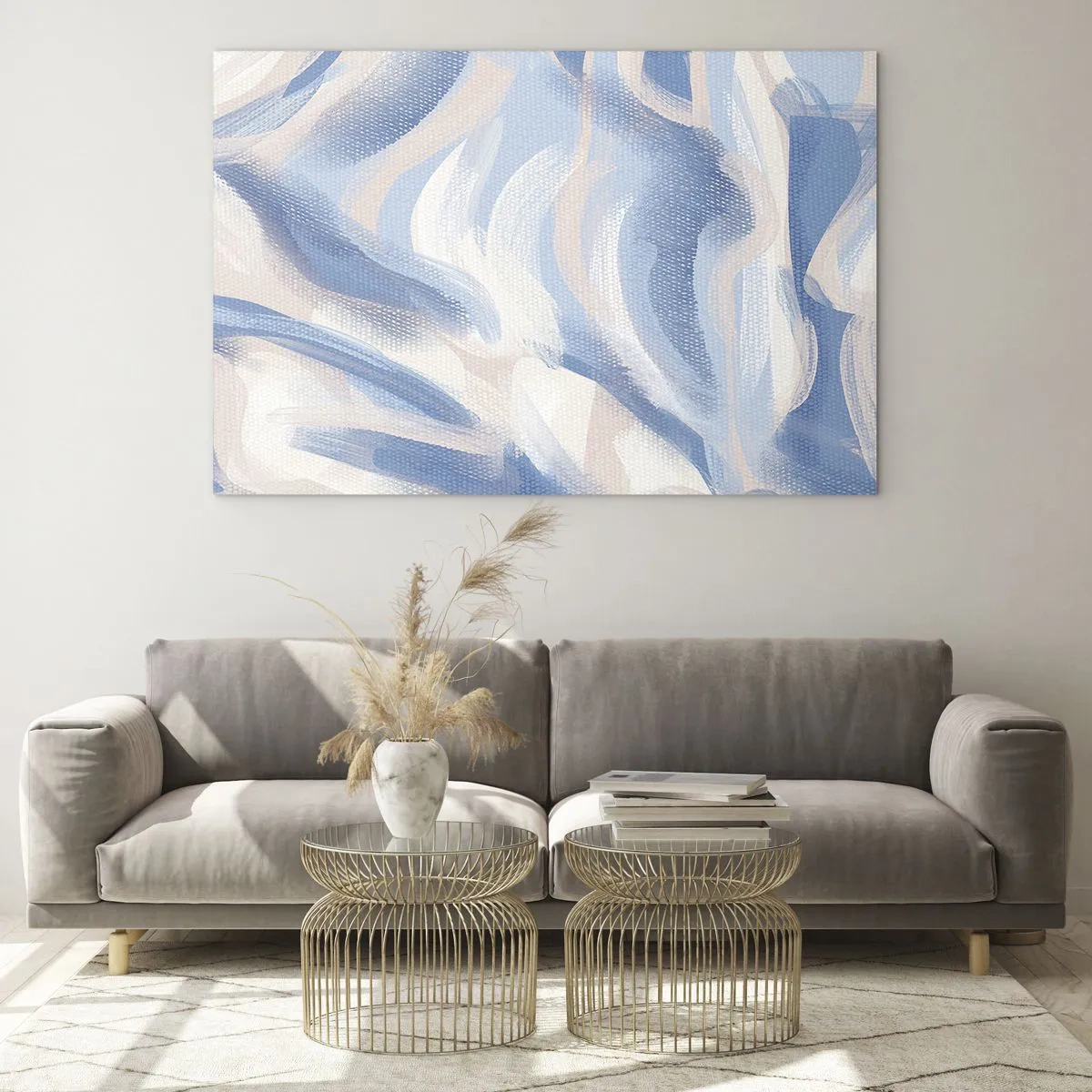 Quadro su vetro - Tratti astratti in blu, bianco e beige in una forma ondulata - 70x50cm - Ondulazioni azzurre - Decorazione murale moderna per soggiorno e camera da letto ARTTOR