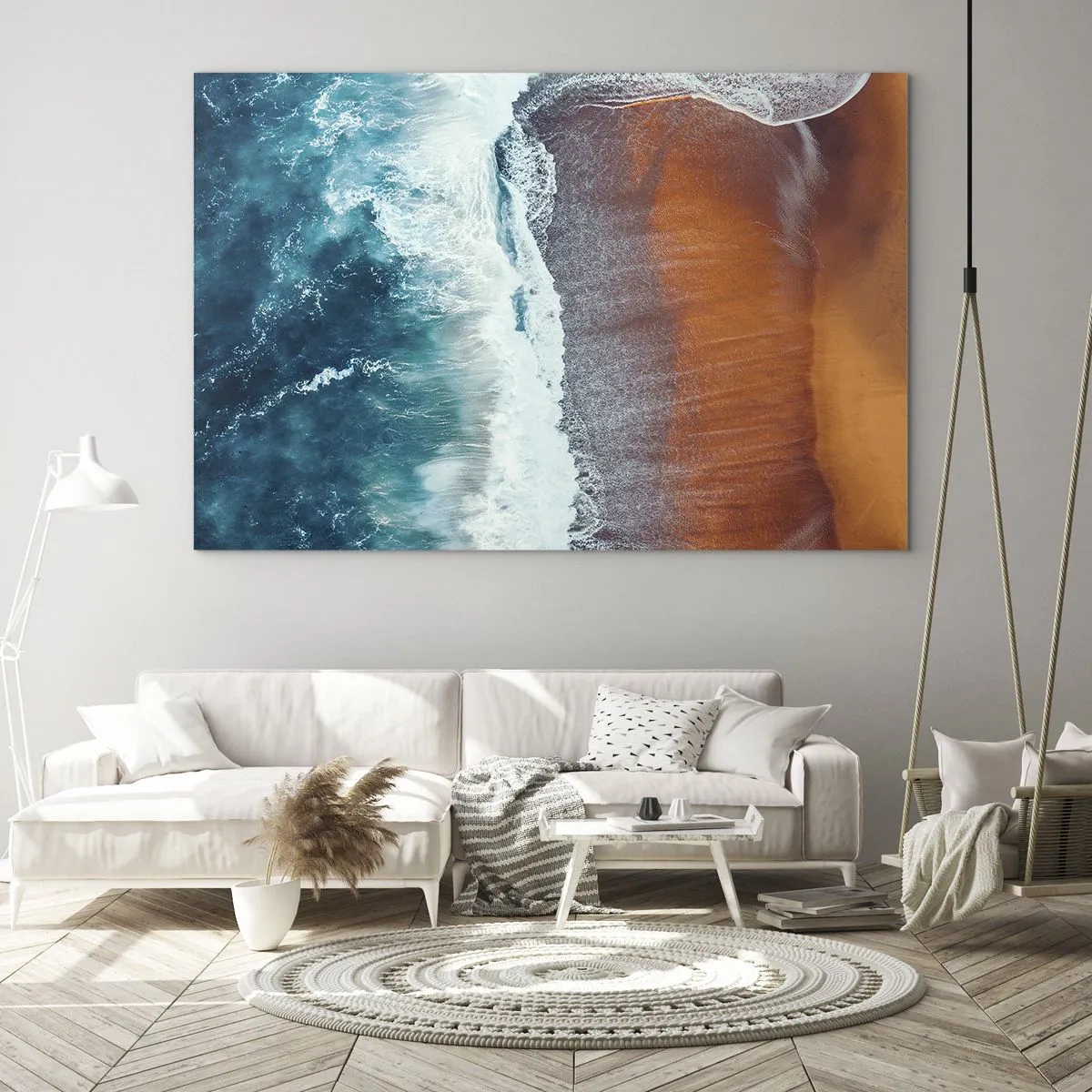 Quadro su vetro - Vista aerea della superficie dell'oceano e della riva della spiaggia - 70x50cm - Il tocco dell'oceano - Decorazione murale moderna per soggiorno e camera da letto ARTTOR
