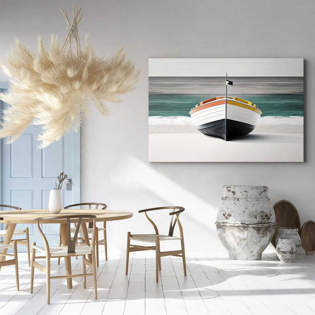 Quadro su tela - Stampe su Tela - Una barca sulla spiaggia con un mare turchese sullo sfondo - 70x50cm - Al suo posto - Decorazione murale moderna per soggiorno e camera da letto ARTTOR