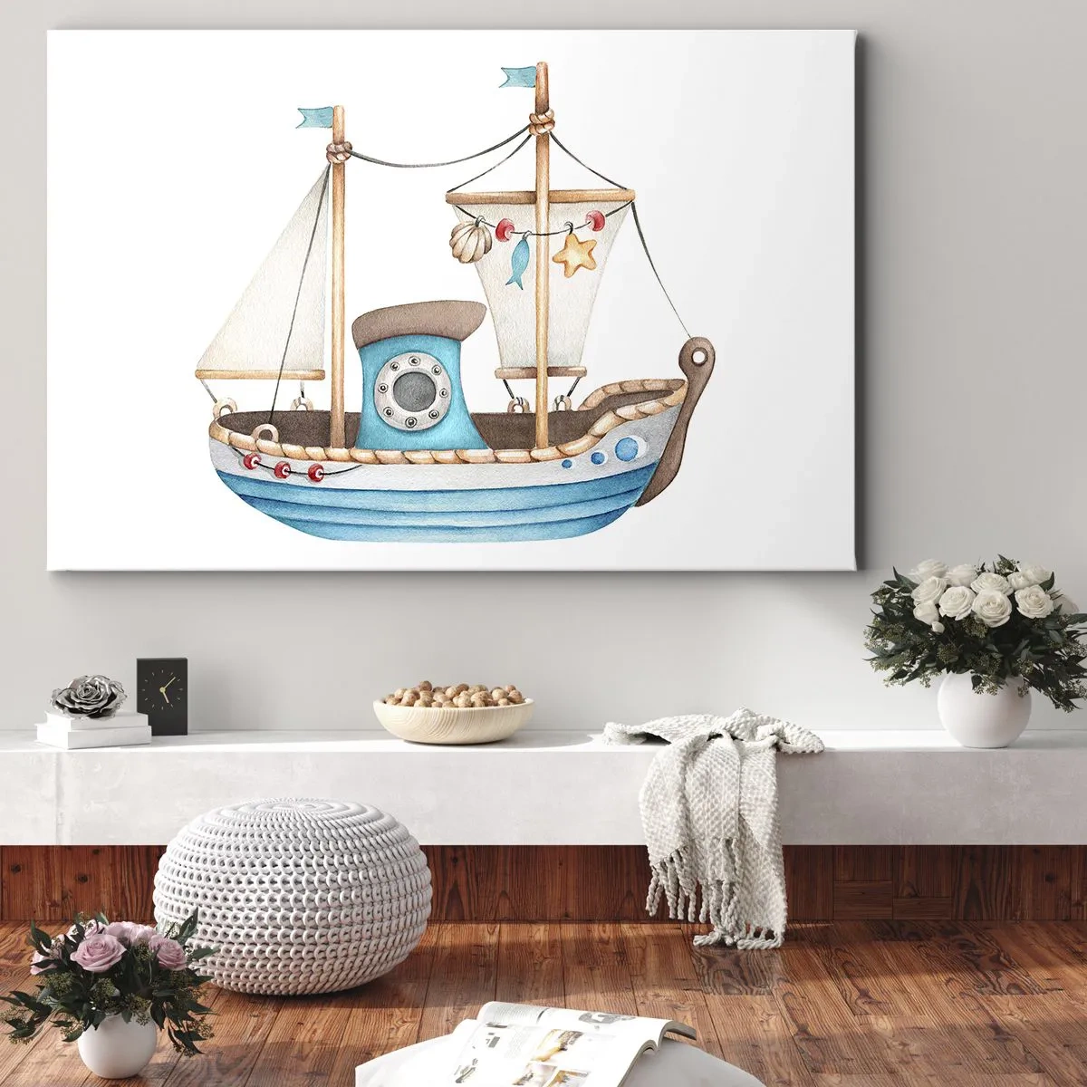 Quadro su tela - Stampe su Tela - Illustrazione di una nave in colori pastello su sfondo bianco - 70x50cm - Benvenuta avventura! - Decorazione murale moderna per soggiorno e camera da letto ARTTOR