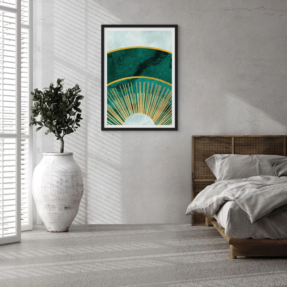 Poster in cornice nera - Un'elegante composizione geometrica nei toni del verde e dell'oro - 50x70cm - Un altro sistema solare - Decorazione murale moderna per soggiorno e camera da letto ARTTOR
