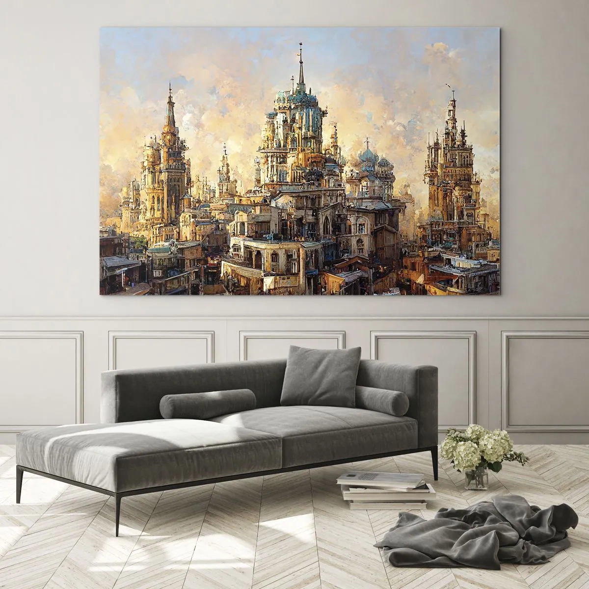 Quadro su vetro - Un fantastico panorama della città con torri e palazzi - 70x50cm - La città delle città - Decorazione murale moderna per soggiorno e camera da letto ARTTOR