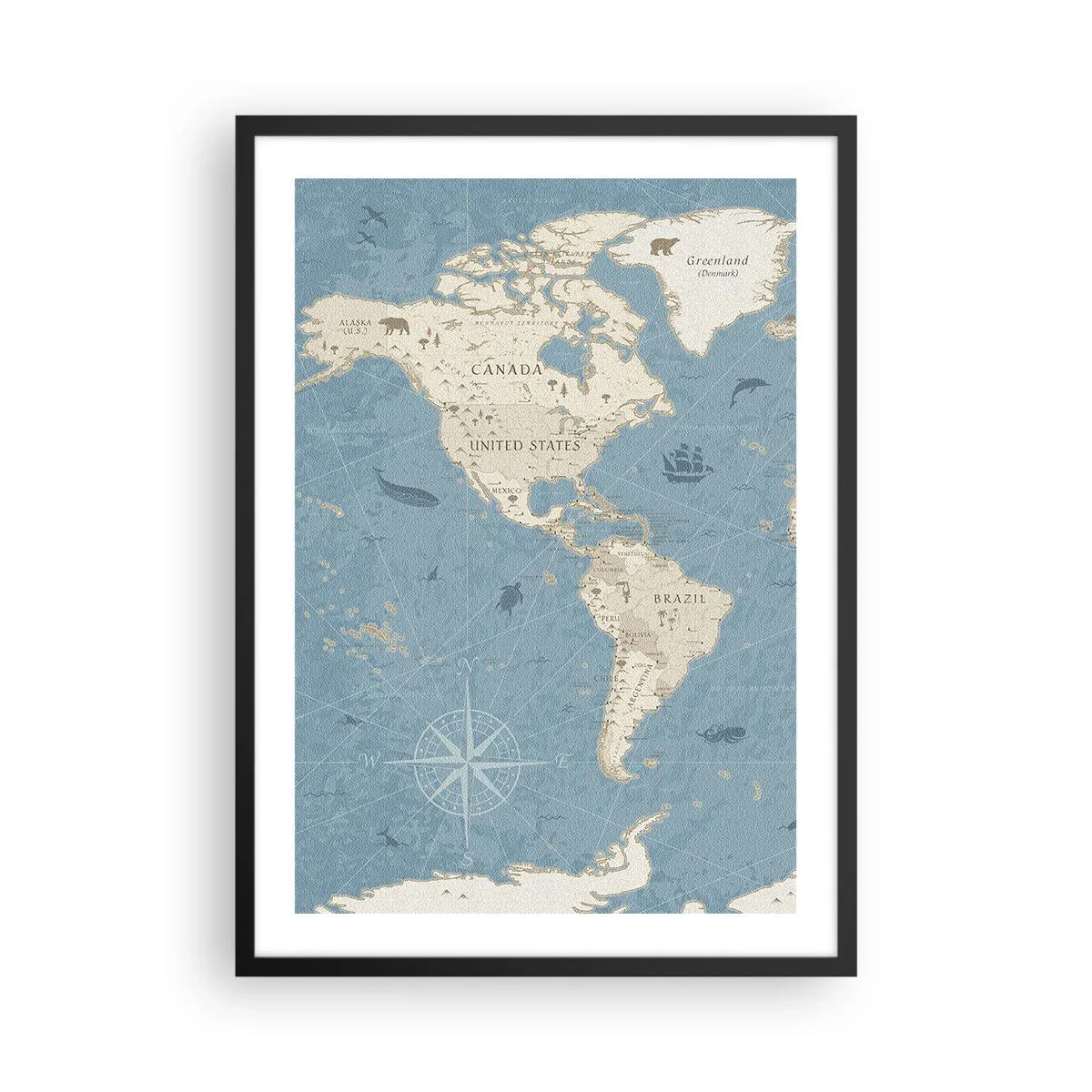 Poster in cornice nera - Mappa stilizzata del Nord e del Sud America - 50x70cm - Il mondo a portata di mano - Decorazione murale moderna per soggiorno e camera da letto ARTTOR