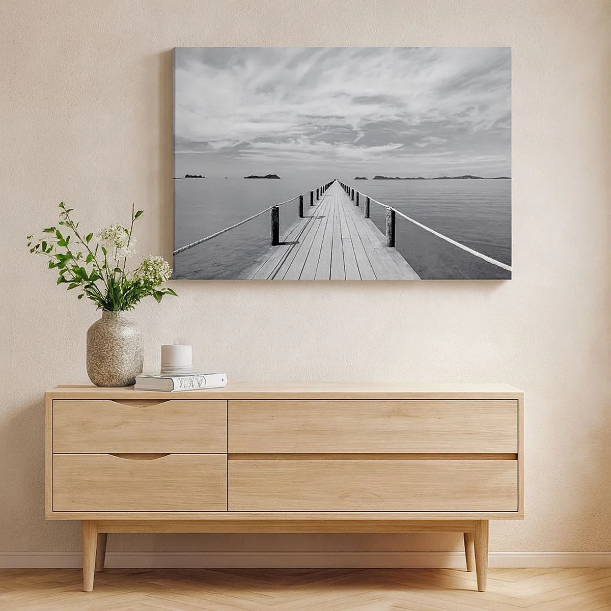 Quadro su tela - Stampe su Tela - Un molo di legno che si estende in lontananza sopra un mare calmo - 70x50cm - Forse un viaggio... - Decorazione murale moderna per soggiorno e camera da letto ARTTOR