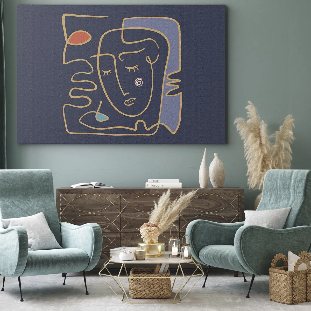 Quadro su tela - Stampe su Tela - Ritratto astratto del viso in stile minimalista - 70x50cm - Pensierosa - Decorazione murale moderna per soggiorno e camera da letto ARTTOR