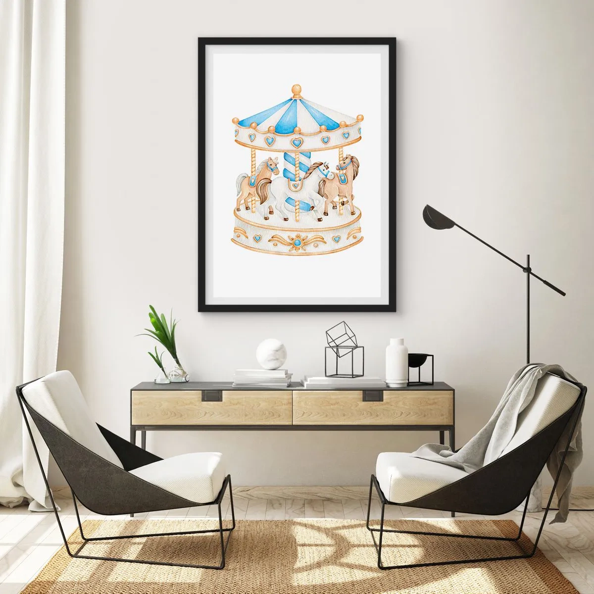 Poster in cornice nera - Giostra ad acquerello in tonalità pastello di blu e oro - 50x70cm - Dolce infanzia - Decorazione murale moderna per soggiorno e camera da letto ARTTOR