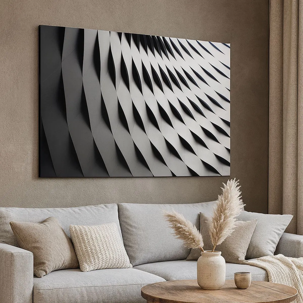 Quadro su tela - Stampe su Tela - Motivo geometrico astratto nei toni del bianco e del nero - 70x50cm - Sulla cresta dell'onda - Decorazione murale moderna per soggiorno e camera da letto ARTTOR