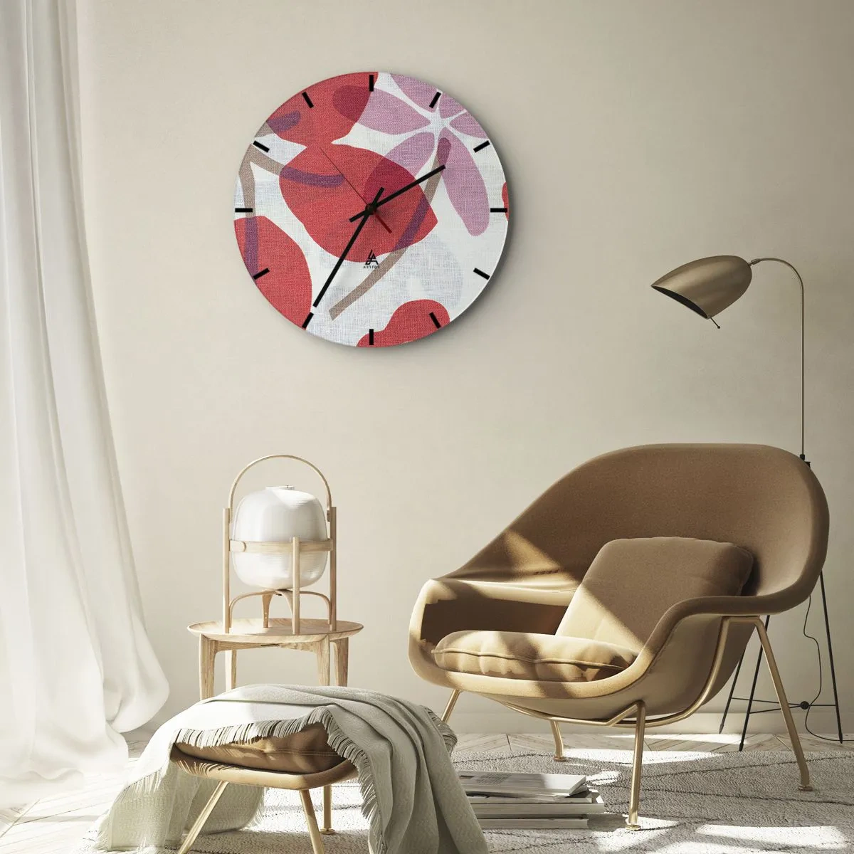 Orologio da parete - Orologio in Vetro - Foglie rosa e rosse su sfondo bianco con texture di lino - 30x30cm - Composizione di fiori in rosa - Decorazione murale moderna per soggiorno, cucina e camera da letto ARTTOR