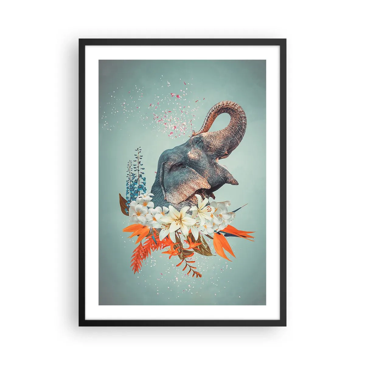 Poster in cornice nera - Un elefante tra i fiori in una composizione surreale - 50x70cm - Barrito di gioia - Decorazione murale moderna per soggiorno e camera da letto ARTTOR