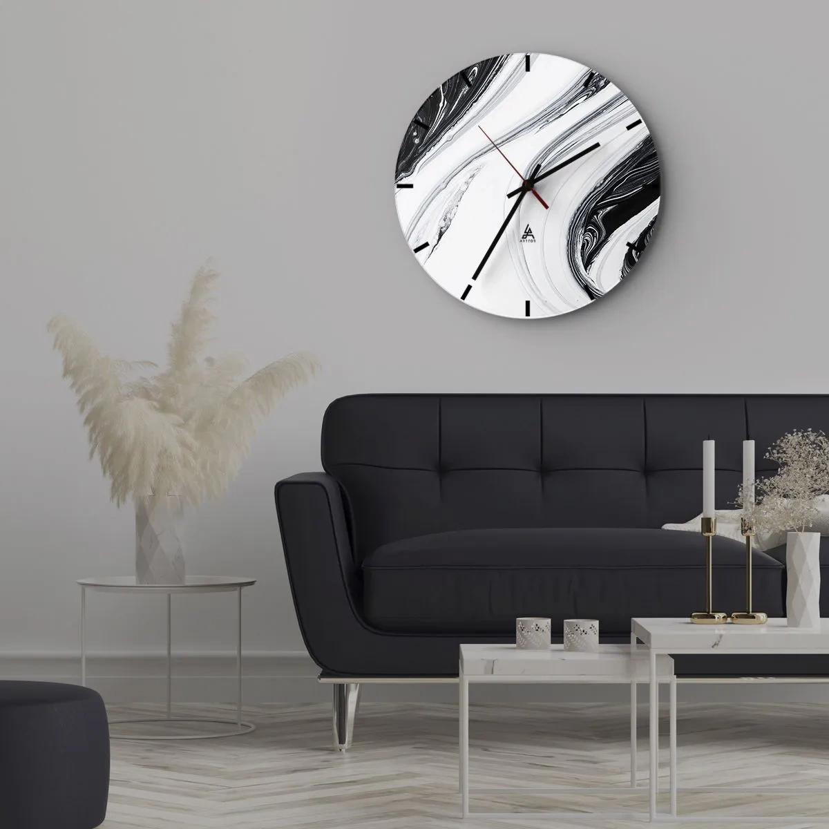 Orologio da parete - Orologio in Vetro - Linee astratte in bianco e nero creano un motivo fluido e contrastante. - 30x30cm - L'unione degli opposti - Decorazione murale moderna per soggiorno, cucina e camera da letto ARTTOR