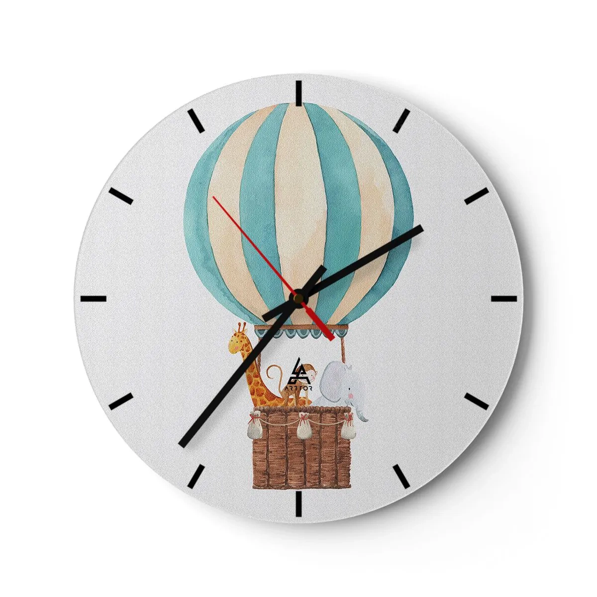 Orologio da parete - Orologio in Vetro - Un pallone con una giraffa e un elefante che fluttuano tra le nuvole - 30x30cm - Una gita fantastica - Decorazione murale moderna per soggiorno, cucina e camera da letto ARTTOR