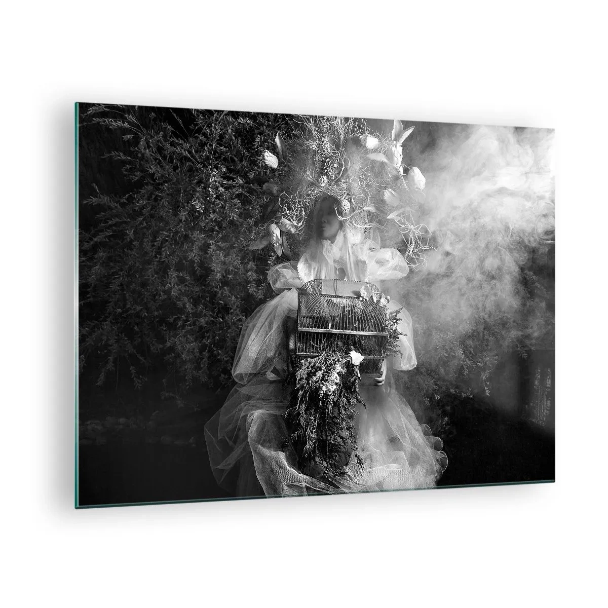 Quadro su vetro - Donna con abito a gabbia di tulle e corona di piante in bianco e nero - 70x50cm - Madre natura stessa - Decorazione murale moderna per soggiorno e camera da letto ARTTOR