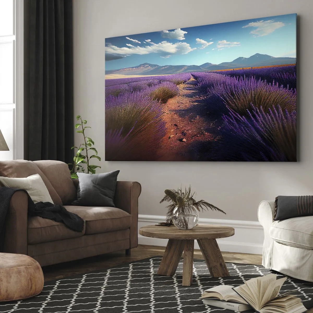 Quadro su tela - Stampe su Tela - Un campo di lavanda con vista sulle montagne e sul cielo azzurro - 70x50cm - Campi profumati - Decorazione murale moderna per soggiorno e camera da letto ARTTOR