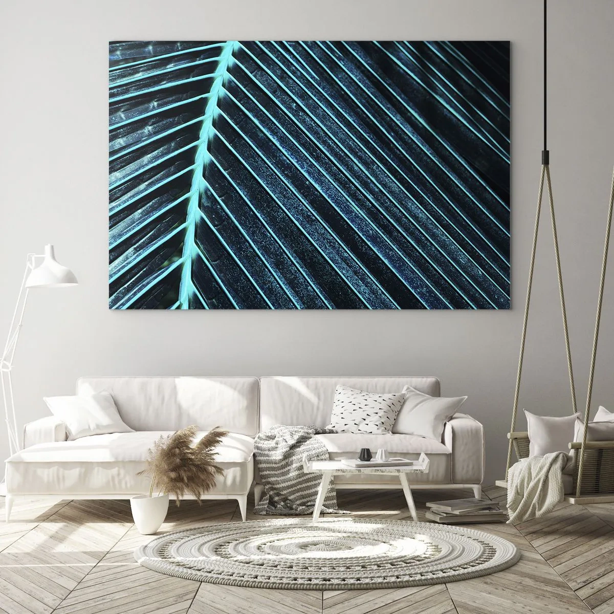 Quadro su vetro - Macrofotografia di una foglia di palma nelle tonalità del turchese - 70x50cm - La struttura del verde - Decorazione murale moderna per soggiorno e camera da letto ARTTOR