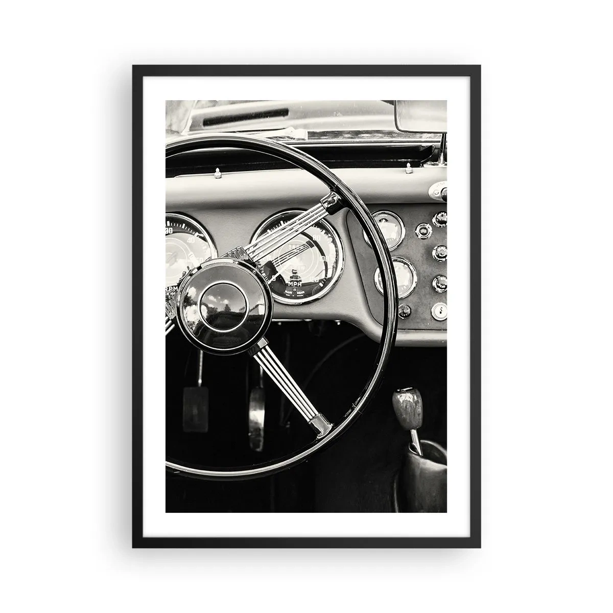 Poster in cornice nera - L'interno di un'auto d'epoca in stile monocromatico - 50x70cm - Il sogno del collezionista - Decorazione murale moderna per soggiorno e camera da letto ARTTOR