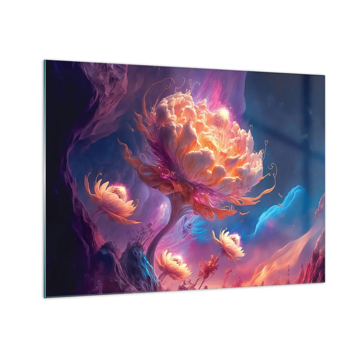 Quadro su vetro - Un fiore fantastico che fluttua in un ambiente cosmico - 70x50cm - Un altro mondo - Decorazione murale moderna per soggiorno e camera da letto ARTTOR