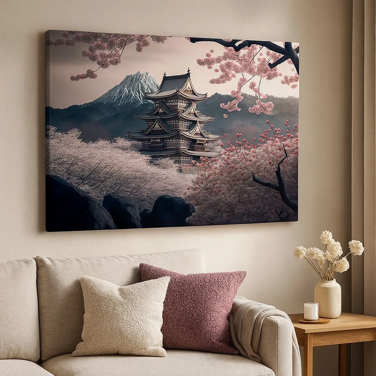 Quadro su tela - Stampe su Tela - Un tempio giapponese circondato da fiori di ciliegio e montagne - 70x50cm - Il Paese dei ciliegi in fiore - Decorazione murale moderna per soggiorno e camera da letto ARTTOR