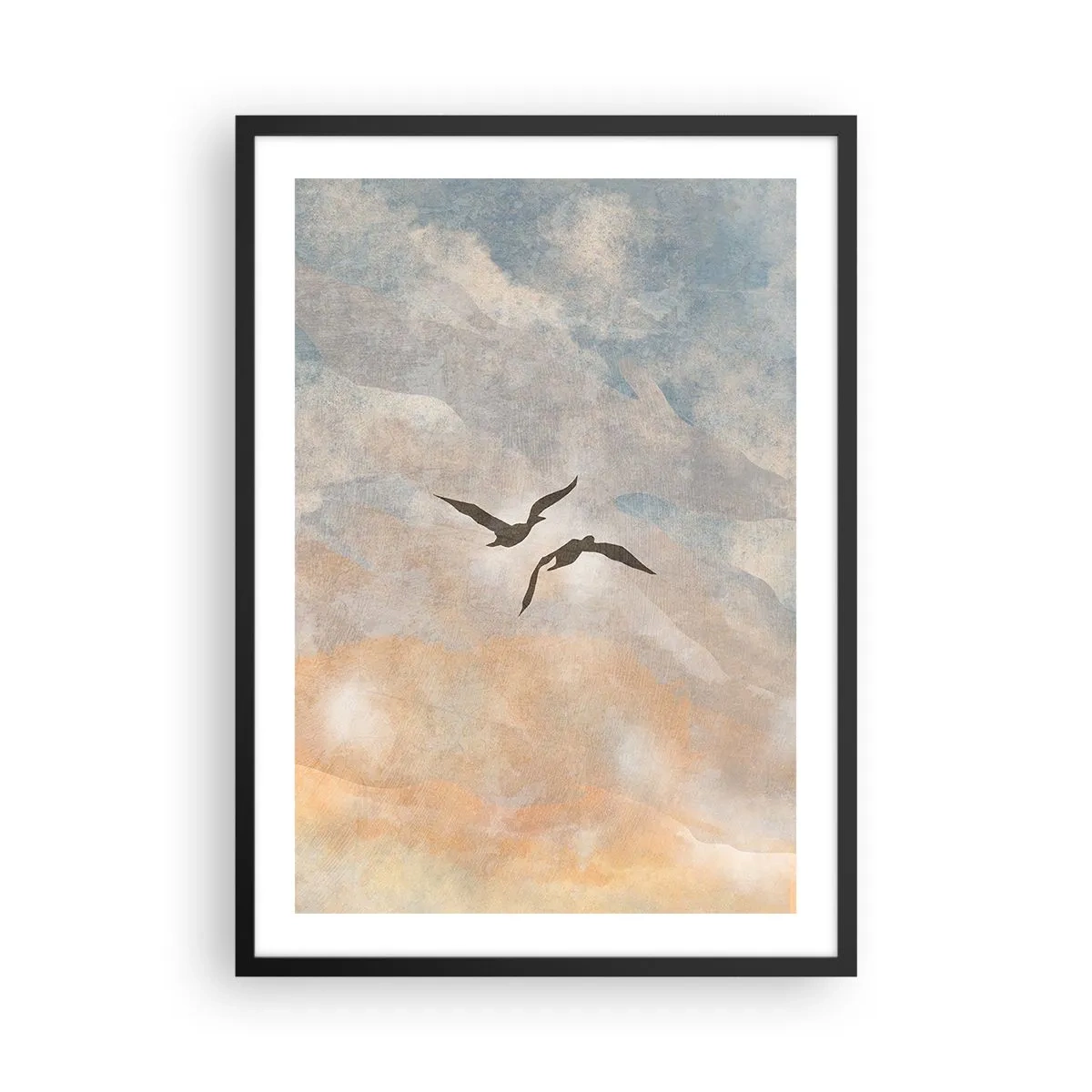 Poster in cornice nera - Due uccelli che volano contro il cielo, in delicate tonalità di blu e arancione. - 50x70cm - Danza nel cielo - Decorazione murale moderna per soggiorno e camera da letto ARTTOR