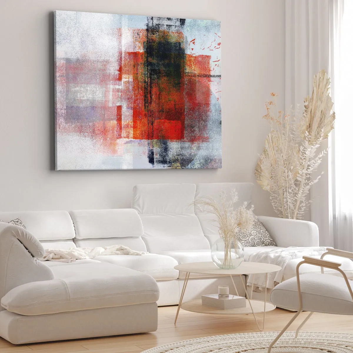 Quadro su tela - Stampe su Tela - Composizione geometrica astratta con accenti rossi e arancioni - 70x50cm - Composizione arroventata - Decorazione murale moderna per soggiorno e camera da letto ARTTOR
