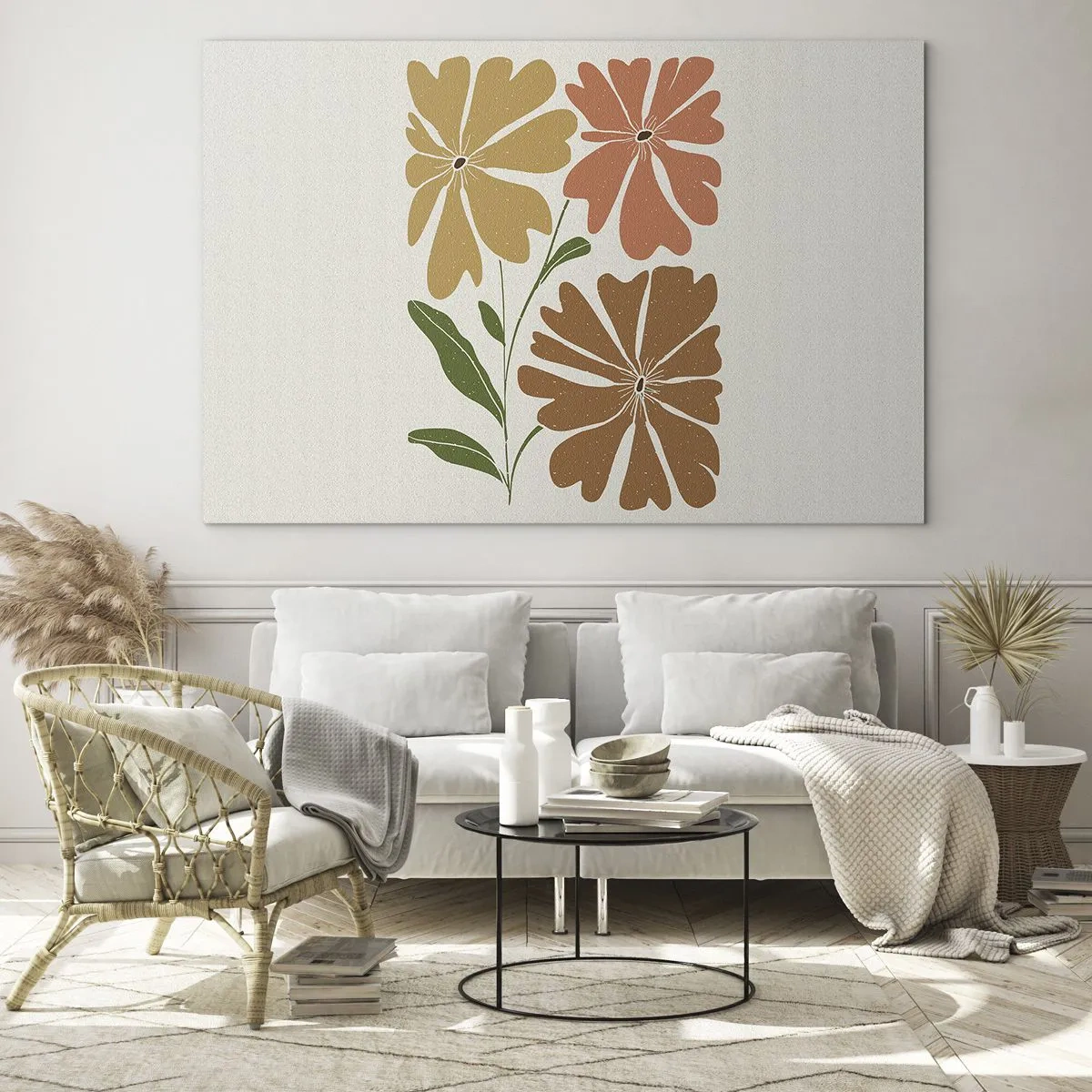 Quadro su vetro - Tre fiori stilizzati dai colori caldi su uno sfondo chiaro - 70x50cm - Natura e geometria - Decorazione murale moderna per soggiorno e camera da letto ARTTOR