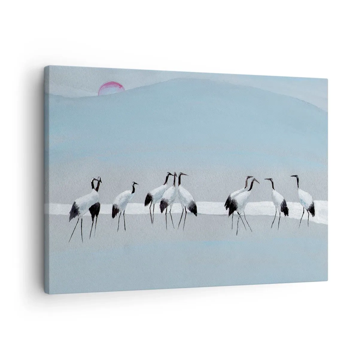 Quadro su tela - Stampe su Tela - Un gruppo di gru contro un cielo azzurro e il sole nascente - 70x50cm - Dopo un giorno rovente - Decorazione murale moderna per soggiorno e camera da letto ARTTOR