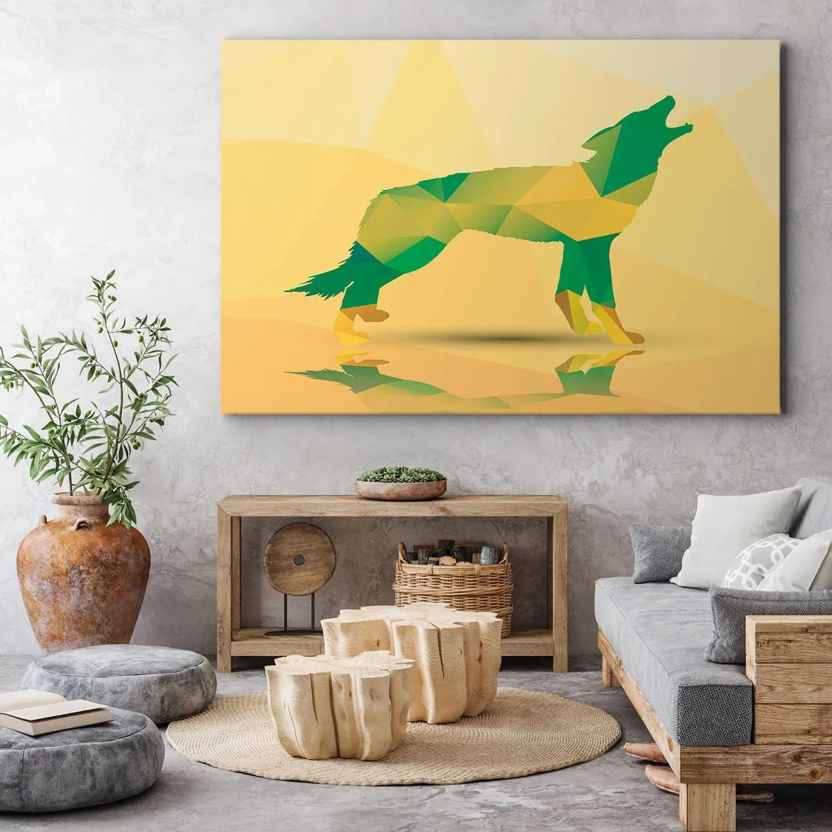 Quadro su tela - Stampe su Tela - Silhouette geometrica di lupo in tonalità verde e giallo - 70x50cm - Il lupo solitario - Decorazione murale moderna per soggiorno e camera da letto ARTTOR