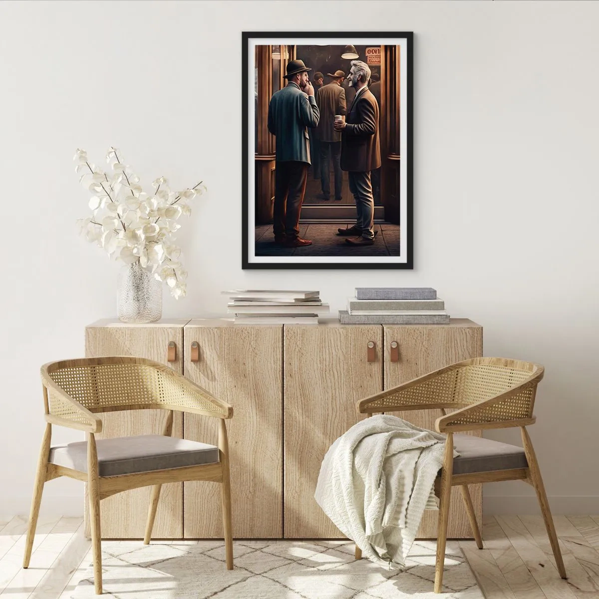 Poster in cornice nera - Due uomini eleganti parlano davanti a un bar - 50x70cm - Il buon momento della giornata - Decorazione murale moderna per soggiorno e camera da letto ARTTOR